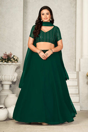 Green Georgette Embroidery & Sequin V-Neck Lehenga