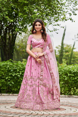 Pink Satin Silk Embroidery Round Neck Lehenga