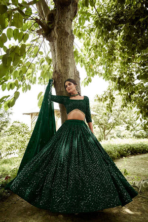 Green Sequin with Embroidered Georgette Lehenga