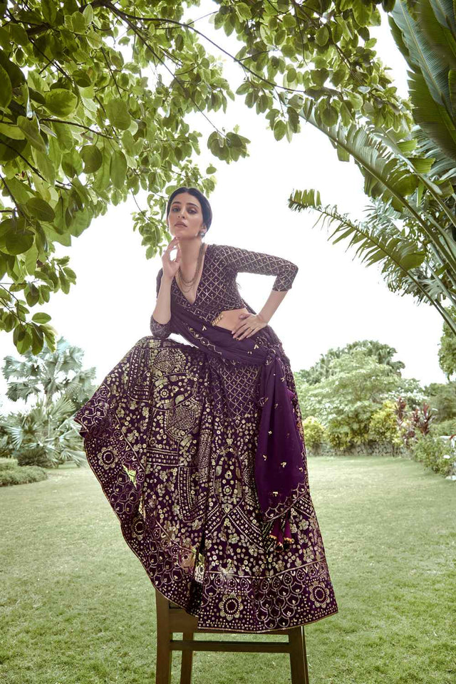 Dark Purple Sequin Georgette Lehenga