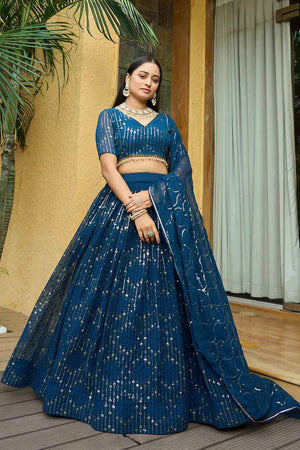 Turquoise Sequin Georgette Lehenga