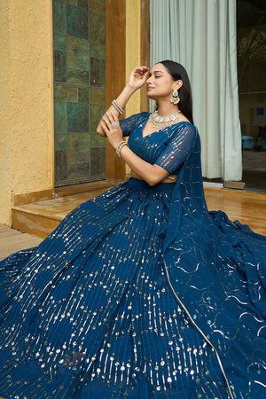 Turquoise Sequin Georgette Lehenga