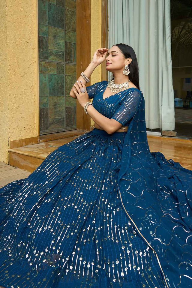 Turquoise Sequin Georgette Lehenga