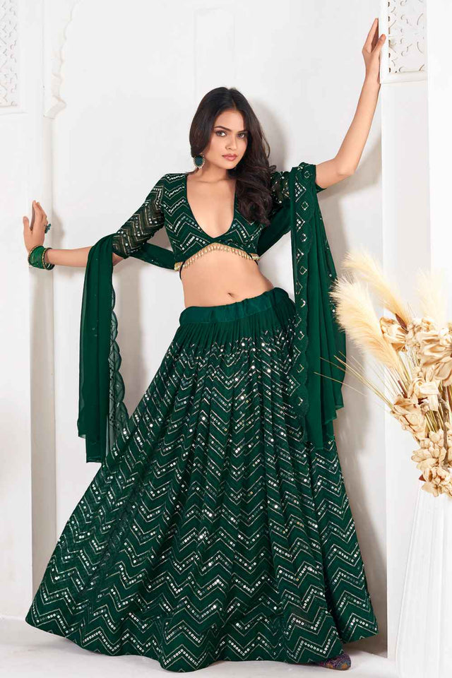 Green Sequin Georgette Lehenga