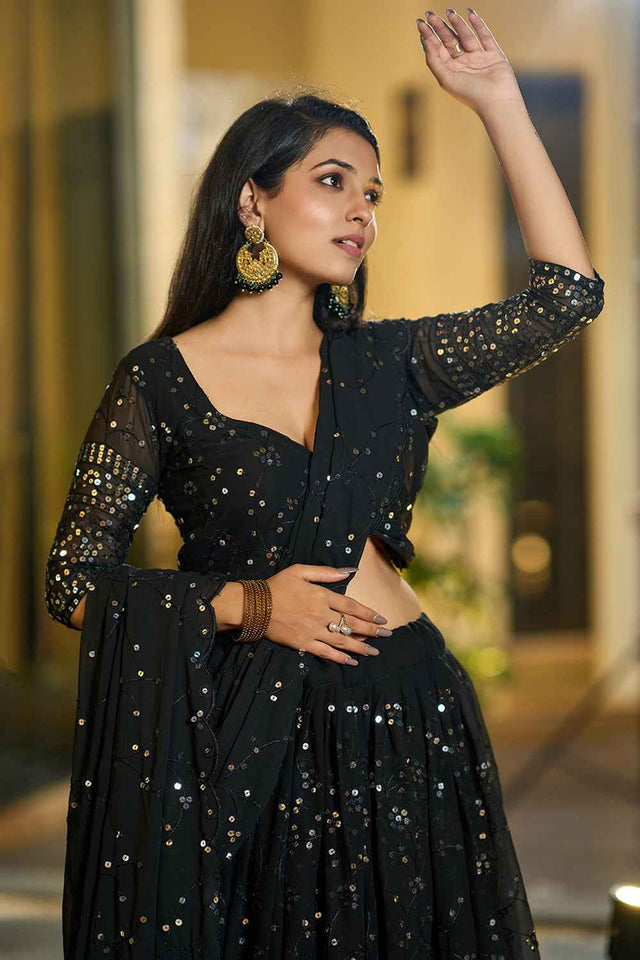 Black Sequin Georgette Lehenga