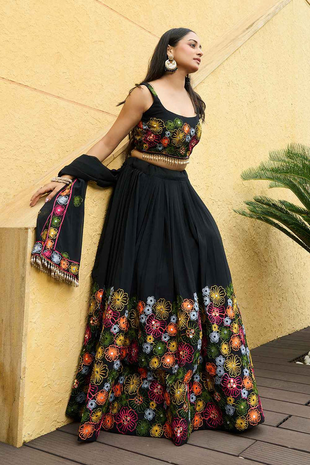 Black Embroidered Georgette Lehenga