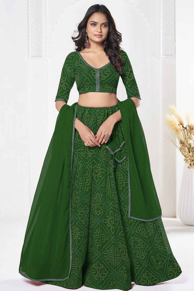 Green Bandhani Printed Georgette Lehenga