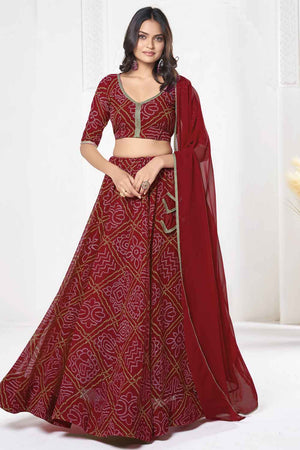 Red Bandhani Printed Georgette Lehenga