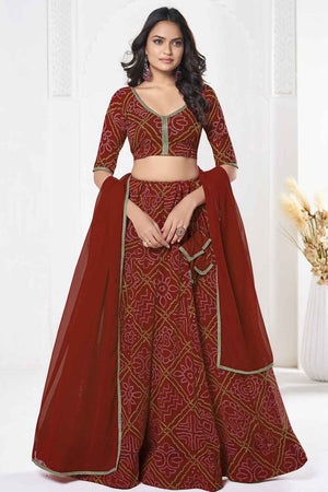 Red Bandhani Printed Georgette Lehenga