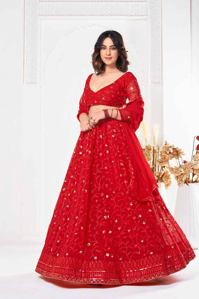 Red Sequin with Embroidered Georgette Lehenga