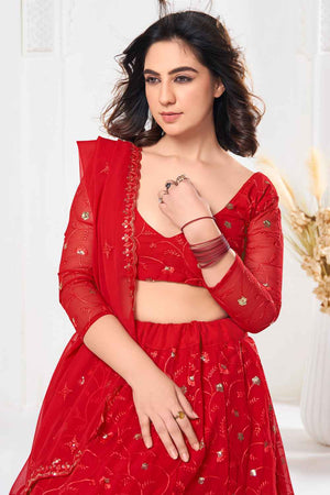 Red Sequin with Embroidered Georgette Lehenga