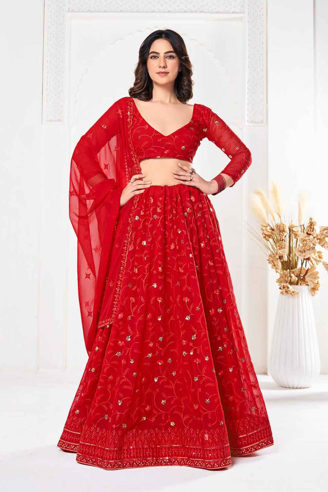 Red Sequin with Embroidered Georgette Lehenga