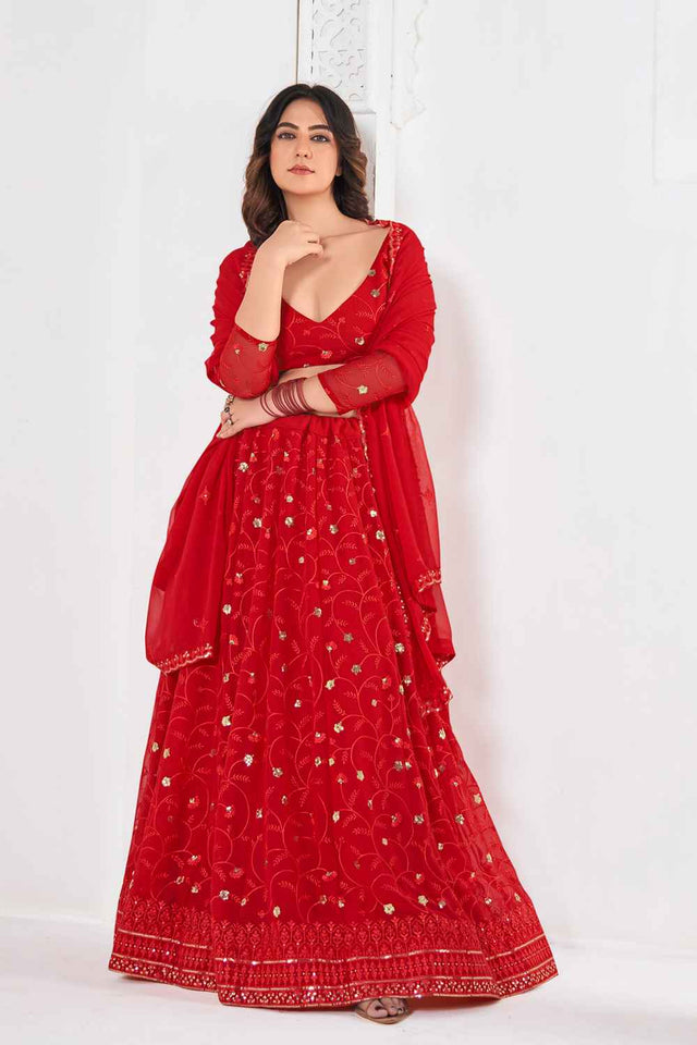 Red Sequin with Embroidered Georgette Lehenga
