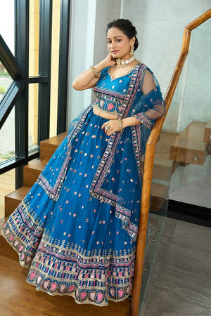 Turquoise Sequin with Embroidered Net Lehenga
