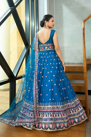 Turquoise Sequin with Embroidered Net Lehenga