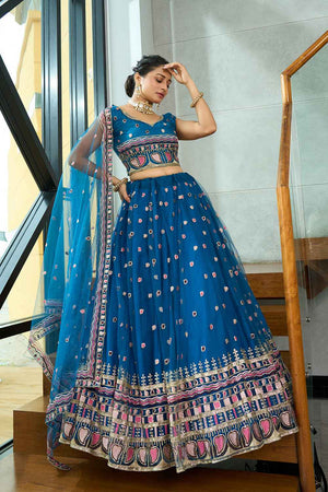 Turquoise Sequin with Embroidered Net Lehenga