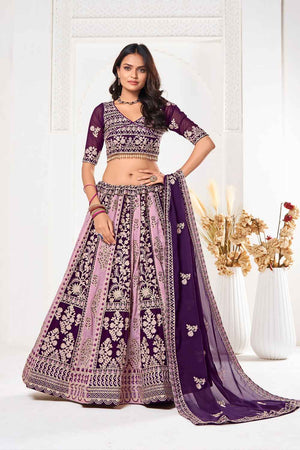 Purple Embroidered Georgette Lehenga