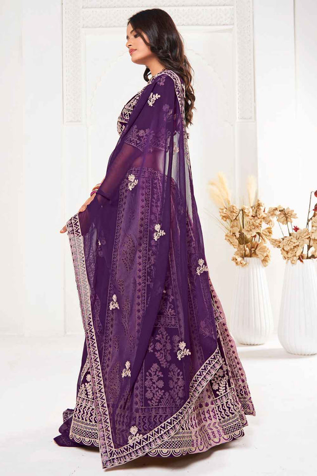 Purple Embroidered Georgette Lehenga
