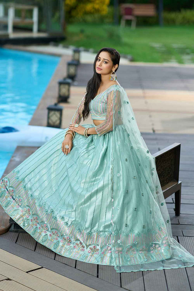 Green Sequin with Embroidered Net Lehenga