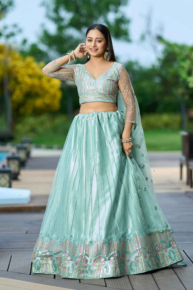 Green Sequin with Embroidered Net Lehenga