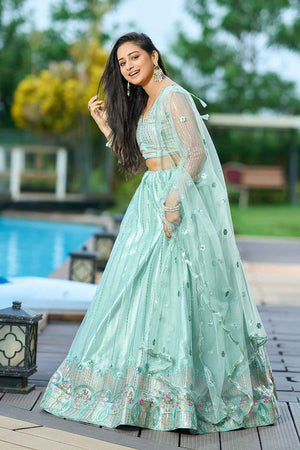 Green Sequin with Embroidered Net Lehenga