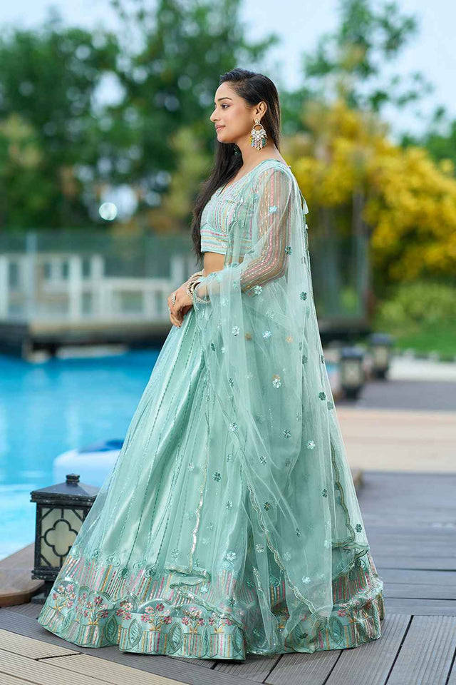 Green Sequin with Embroidered Net Lehenga