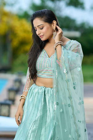 Green Sequin with Embroidered Net Lehenga