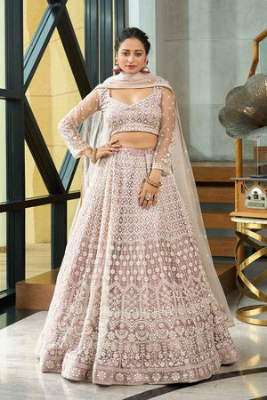 Cream Embroidered Net Lehenga