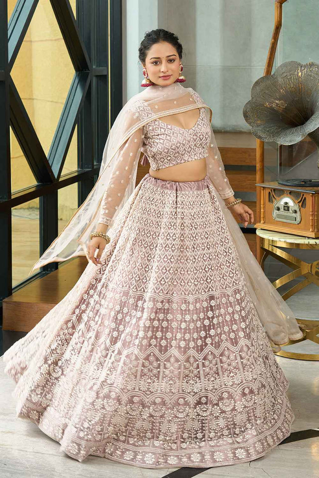 Cream Embroidered Net Lehenga