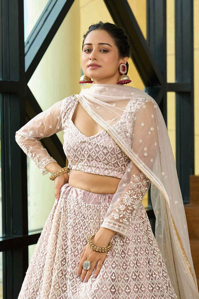 Cream Embroidered Net Lehenga