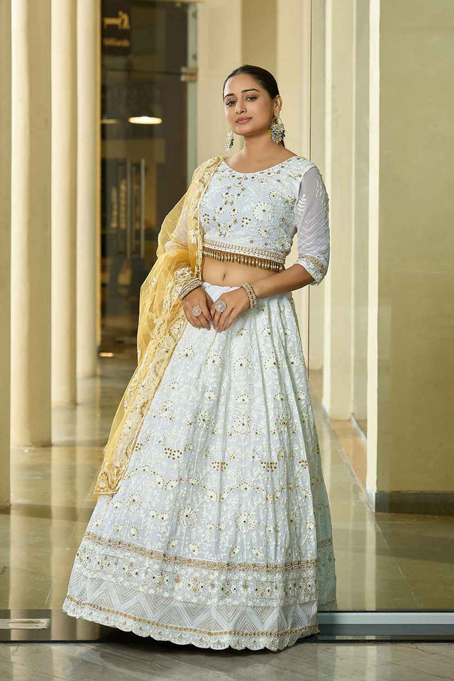 White Embroidered Georgette Lehenga