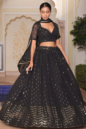 Black Sequin Georgette Semi Stitched Lehenga