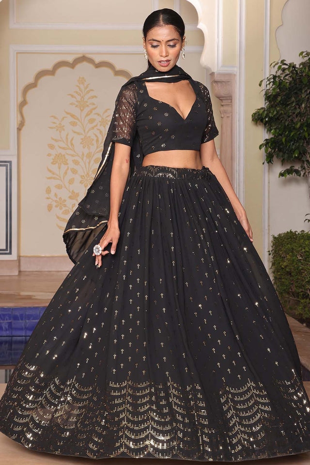 Black Sequin Georgette Semi Stitched Lehenga