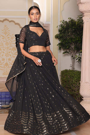 Black Sequin Georgette Semi Stitched Lehenga