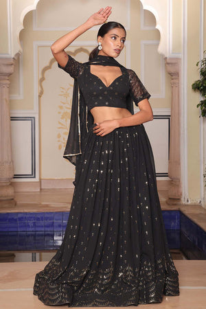 Black Sequin Georgette Semi Stitched Lehenga