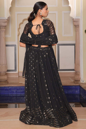 Black Sequin Georgette Semi Stitched Lehenga