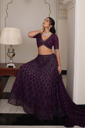 Purple Sequin Georgette Semi Stitched Lehenga