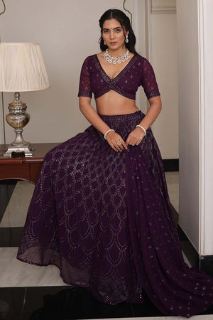 Purple Sequin Georgette Semi Stitched Lehenga