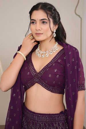 Purple Sequin Georgette Semi Stitched Lehenga