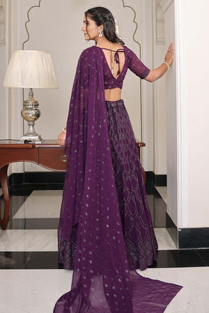 Purple Sequin Georgette Semi Stitched Lehenga