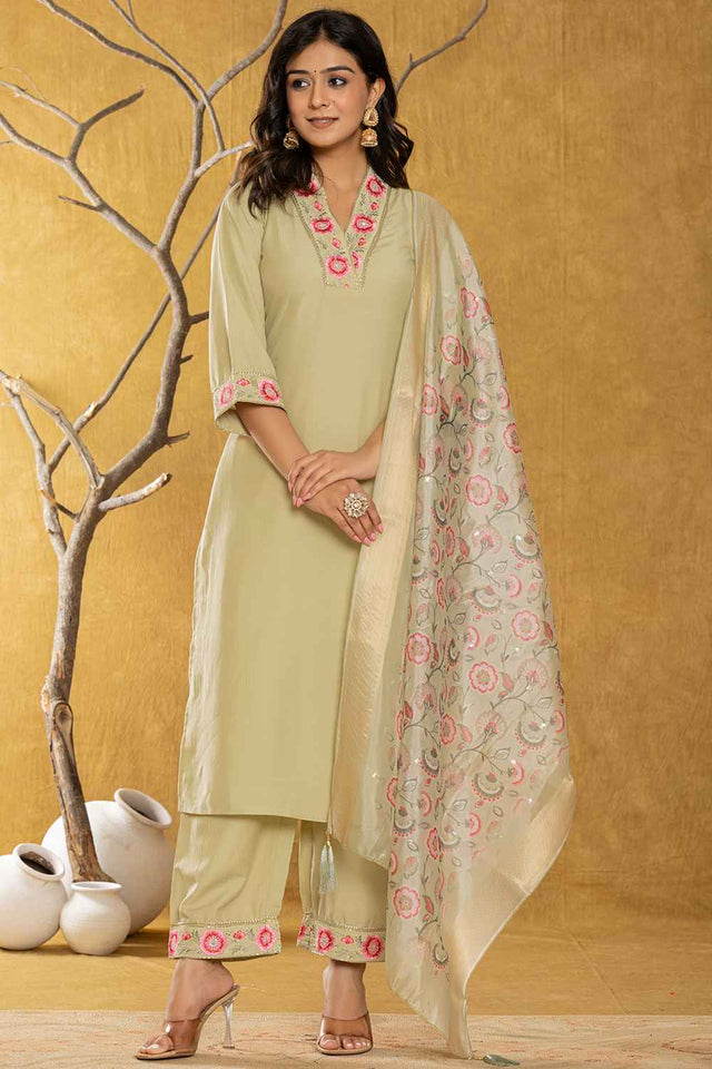 Green Thread Work Silk Kurti Pant Set