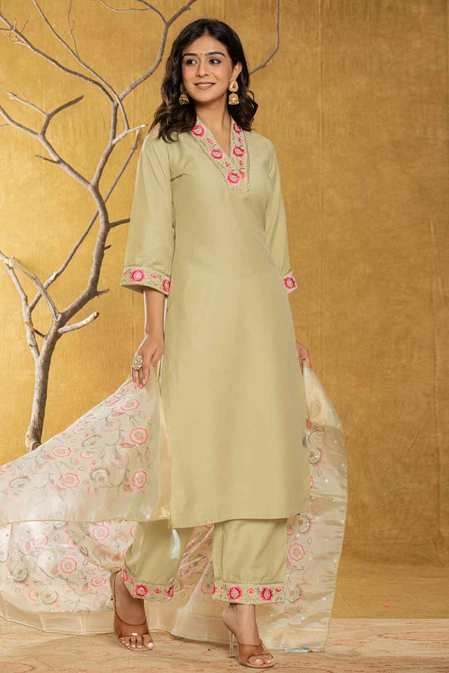 Green Thread Work Silk Kurti Pant Set