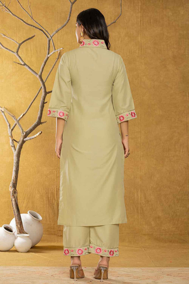 Green Thread Work Silk Kurti Pant Set