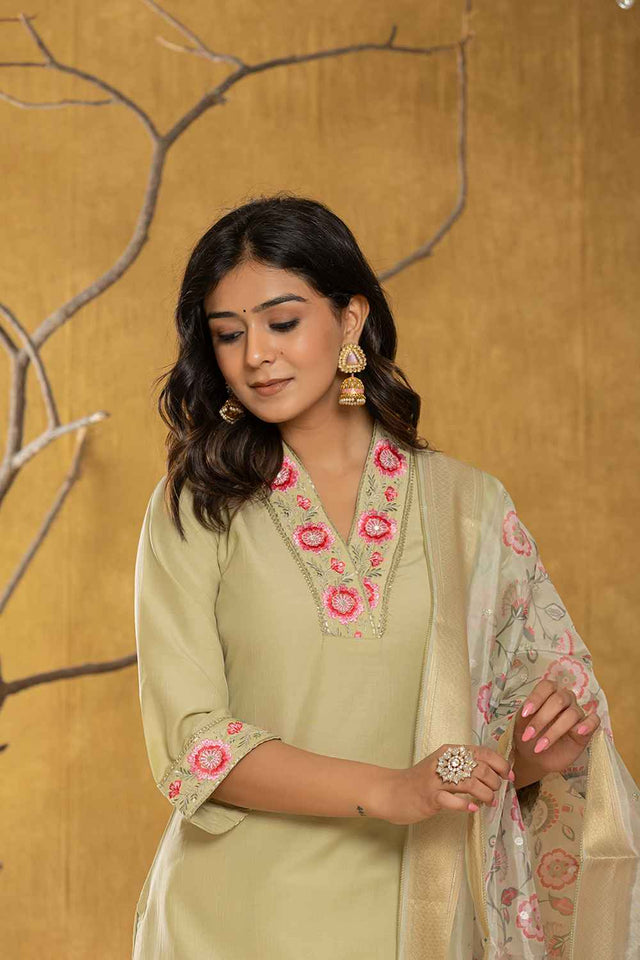 Green Thread Work Silk Kurti Pant Set