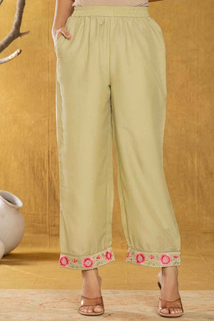 Green Thread Work Silk Kurti Pant Set