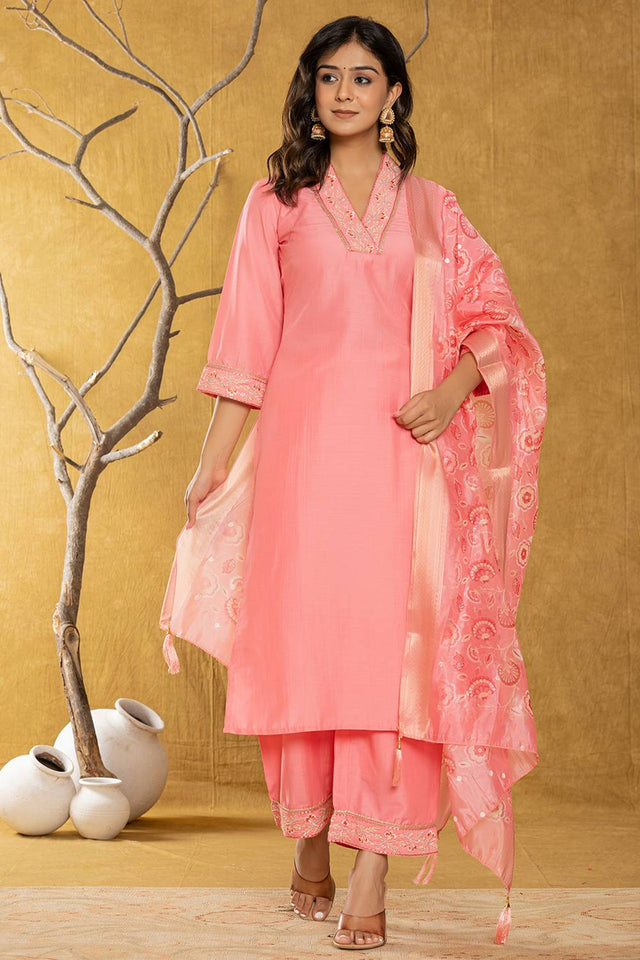 Pink Solid Silk Blend Straight Cut Suit Set