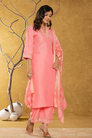 Pink Solid Silk Blend Straight Cut Suit Set
