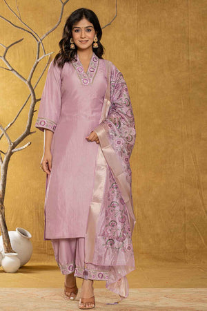 Violet Embroidered Silk Kurti Pant Set