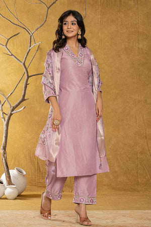 Violet Embroidered Silk Kurti Pant Set
