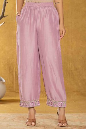 Violet Embroidered Silk Kurti Pant Set